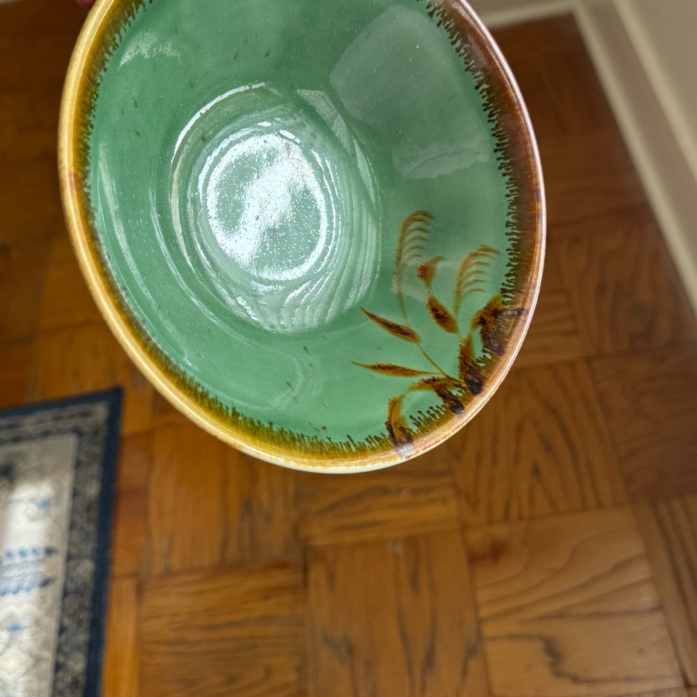 Handmade Ceramic Bowl. Green and Brown with Leaf Design / Glaze Shine. No Chips! - Picture 9 of 12